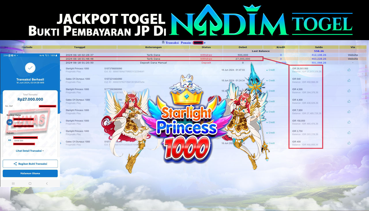 NADIMTOGEL JACKPOT SLOT STARLIGHT PRINCESS 1000  Rp 27,000,000,- LUNAS
