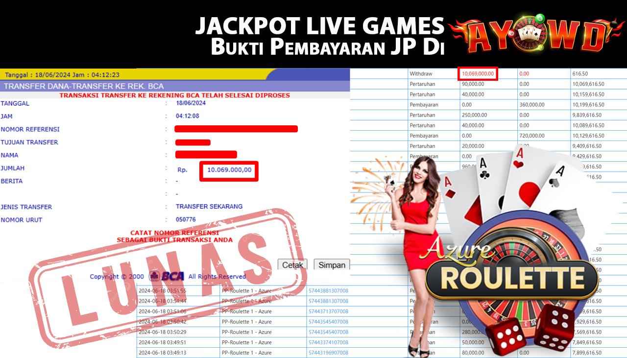 AYOWD JACKPOT LIVE GAMES PP-Roulette 1 - Azure Rp,10,069,000 LUNAS