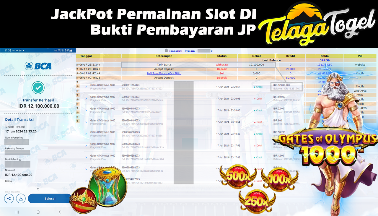 TELAGATOGEL JACKPOT SLOT GAME PP-Gates of Olympus 1000  Rp.12,100,000,- LUNAS