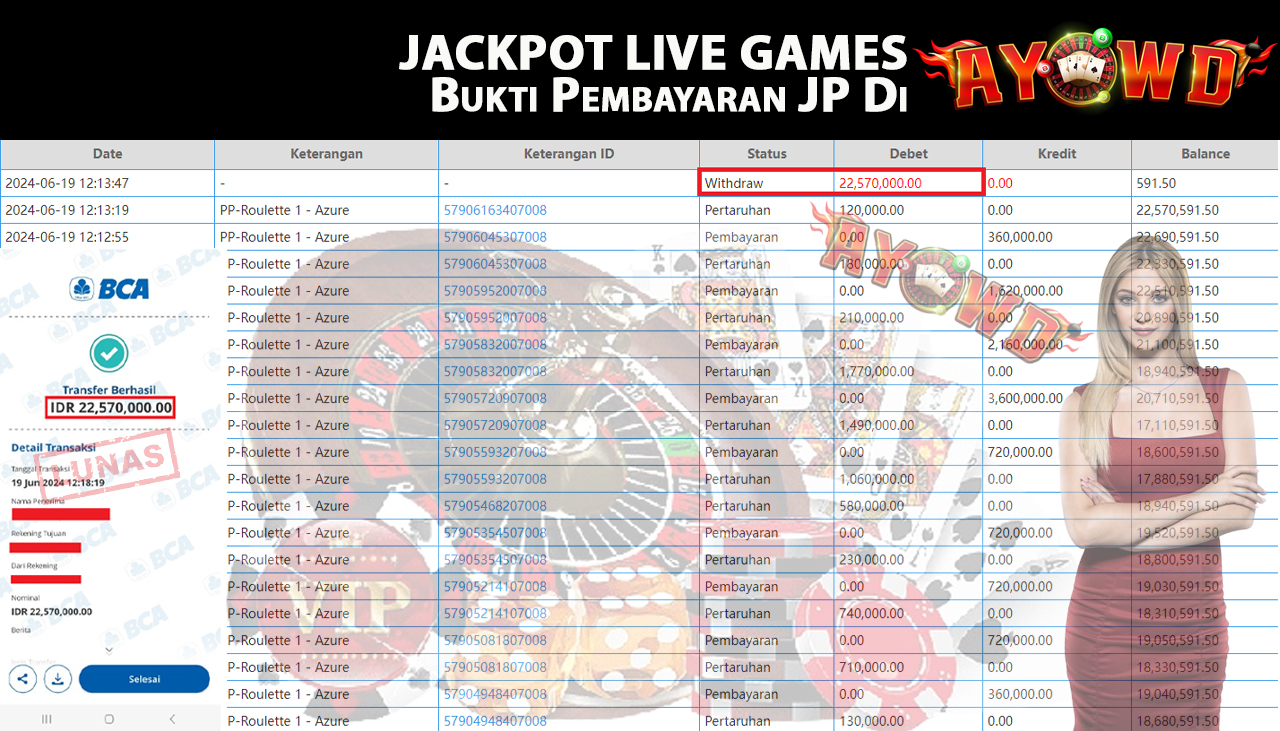 AYOWD JACKPOT LIVE GAMES PP-Roulette 1 - Azure Rp,22,570,000 LUNAS
