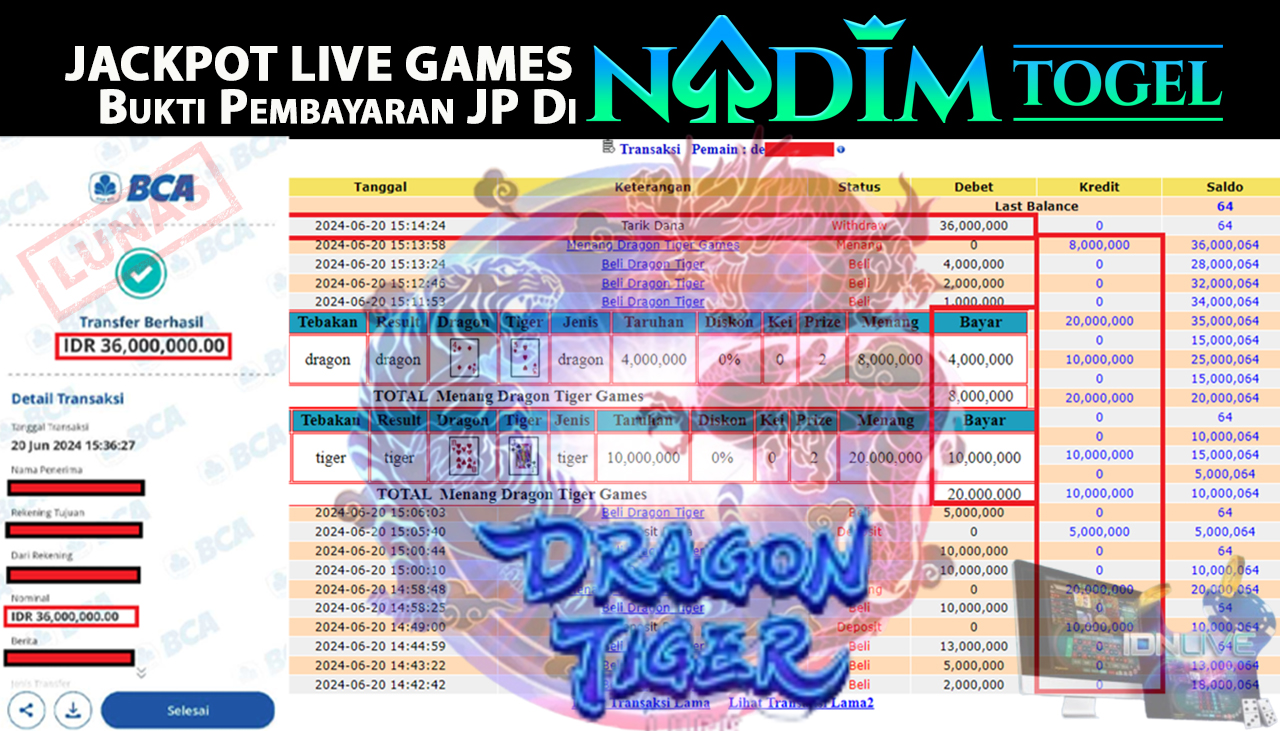 NADIMTOGEL JACKPOT LIVE GAMES Dragon Tiger Rp.36.000.000,- LUNAS