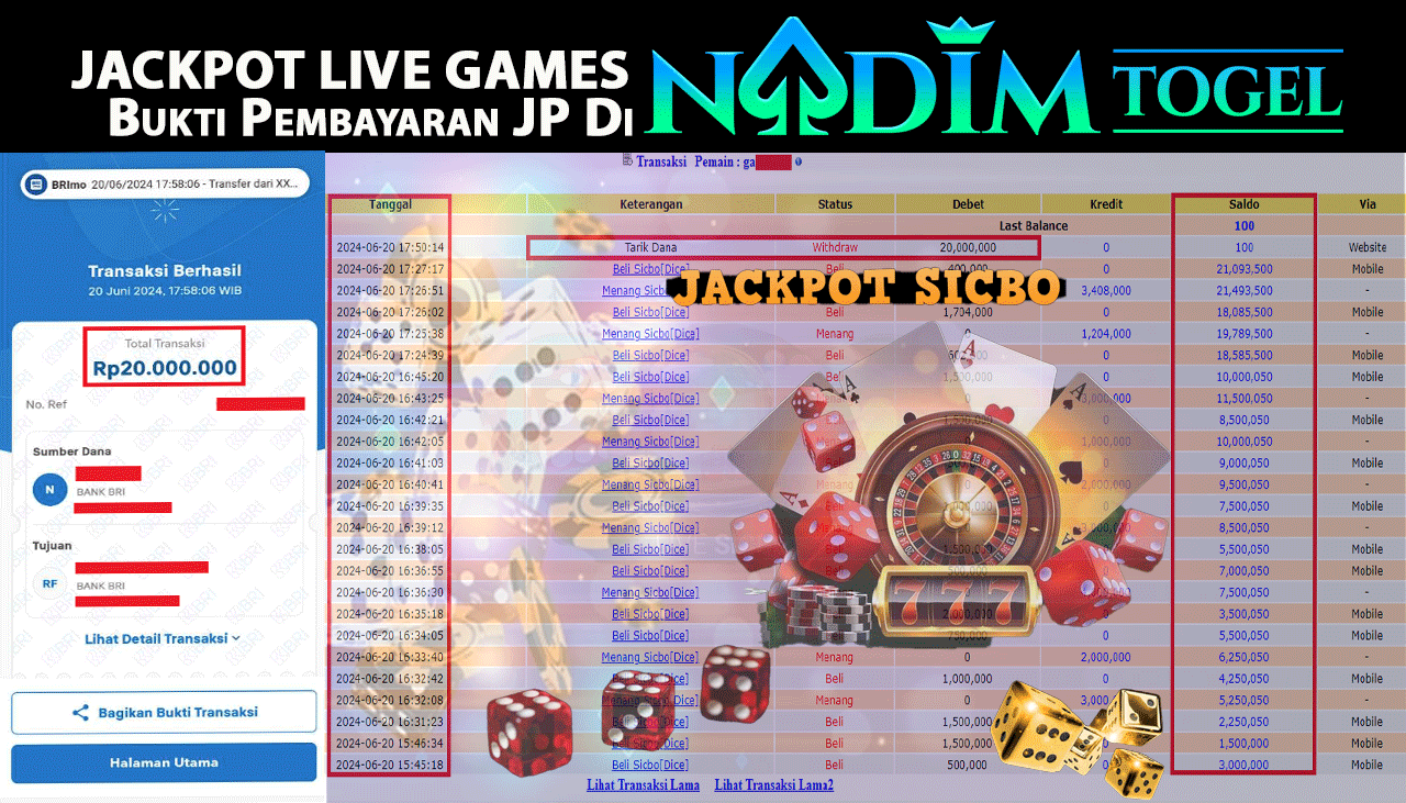 NADIMTOGEL JACKPOT LIVE GAMES SICBO DICE  Rp.20.000.000,- LUNAS