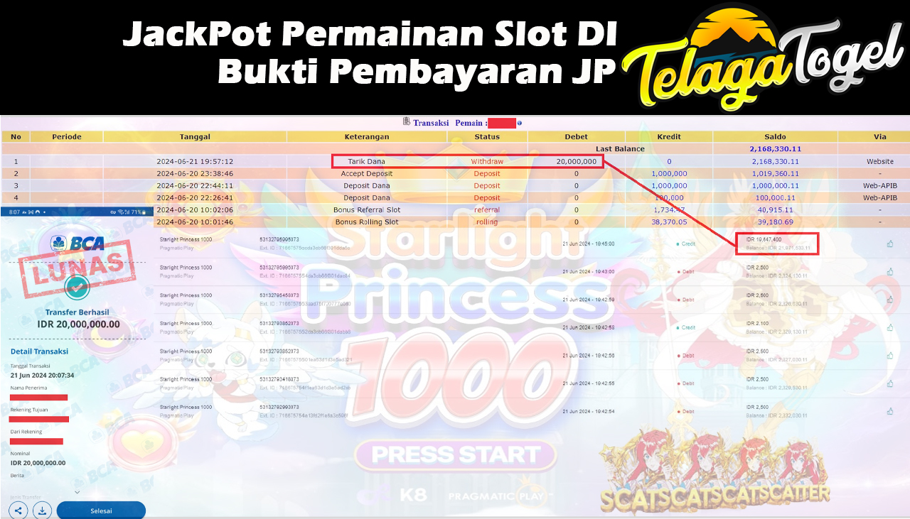 TELAGATOGEL JACKPOT SLOT GAME Starlight Princess 1000  Rp.20,000,000 ,- LUNAS
