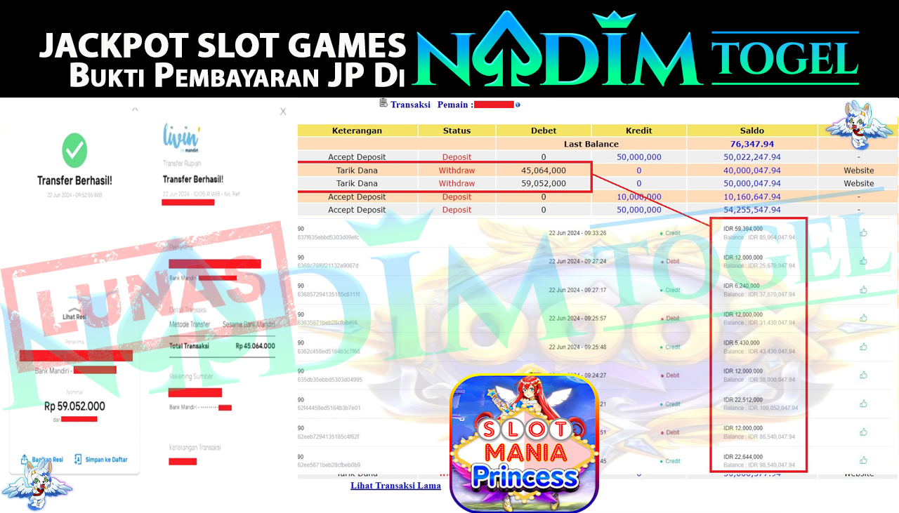 NADIMTOGEL JACKPOT SLOT MANIA PRINCESS 2 Rp.104,116,000- LUNAS