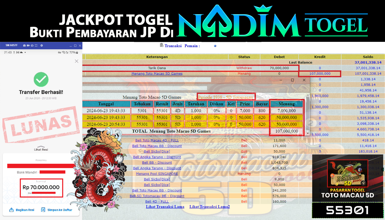 NADIMTOGEL JACKPOT TOGEL TOTOMACAU 5D  Rp.70,000,000- LUNAS