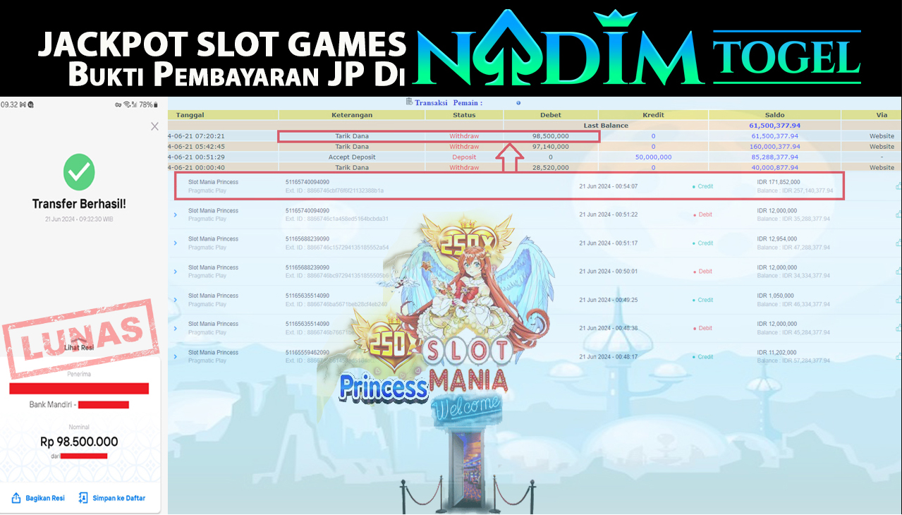 NADIMTOGEL JACKPOT SLOT MANIA PRINCESS Rp.98.500.000,- LUNAS