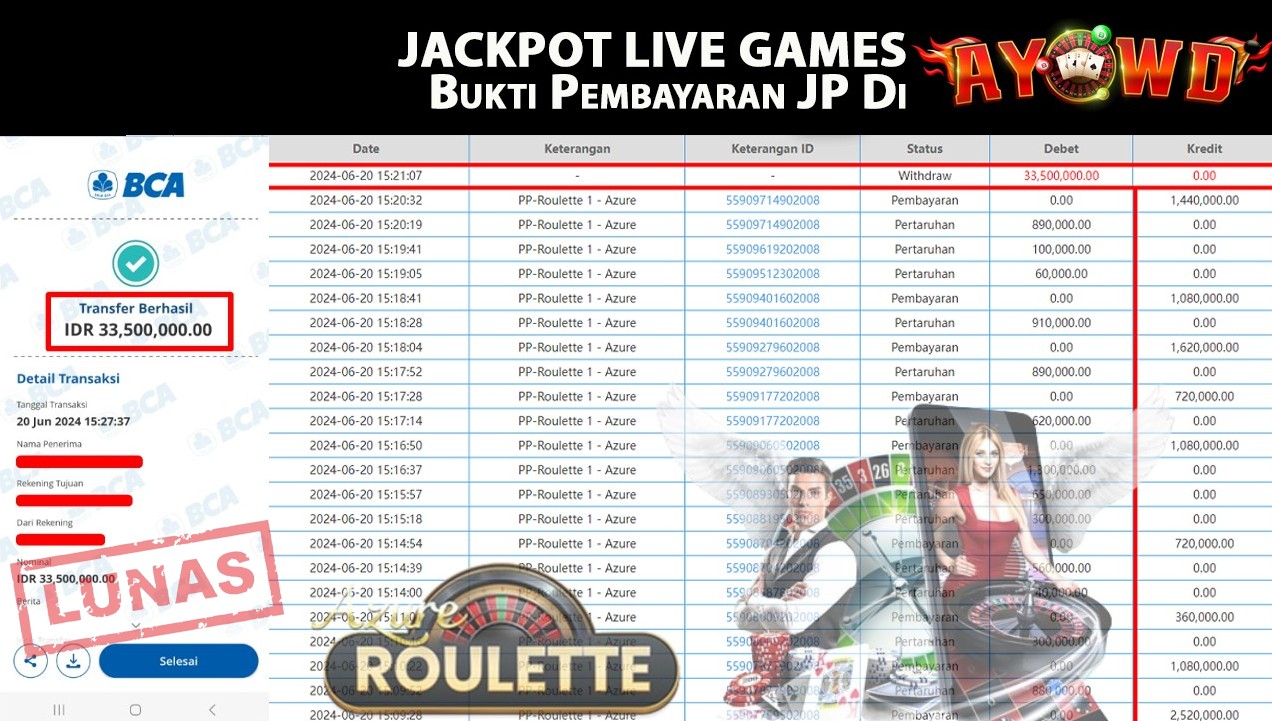 AYOWD JACKPOT LIVE GAMES PP-Roulette 1 - Azure Rp,33,500,000 LUNAS