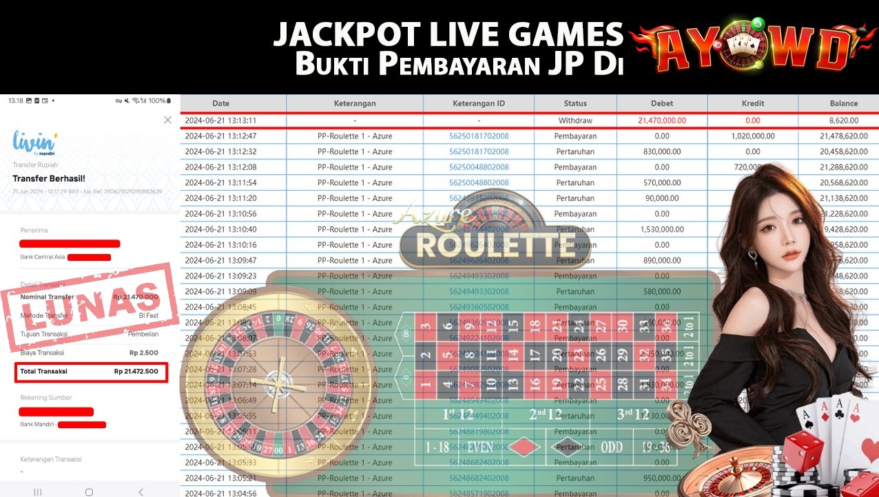 AYOWD JACKPOT LIVE GAMES PP-Roulette 1 - Azure Rp,21,470,000 LUNAS