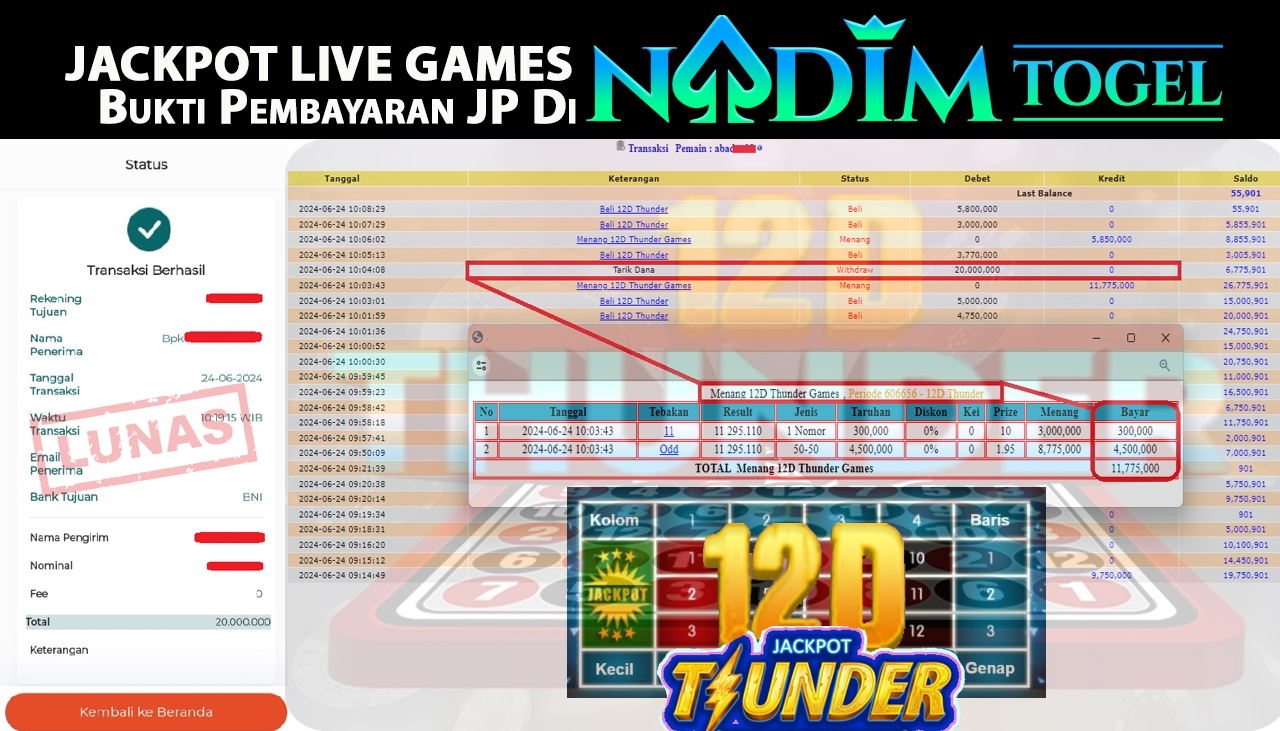 NADIMTOGEL JACKPOT LIVEGAMES 12D ThunderGames Rp 20,000,000,- LUNAS