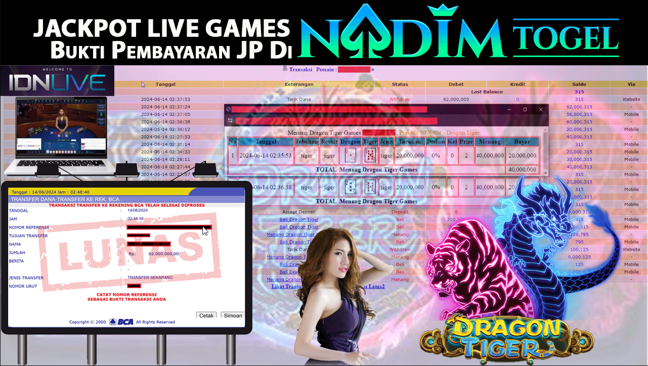 NADIMTOGEL JACKPOT LIVE GAMES DRAGON TIGER Rp 62,000,000,- LUNAS
