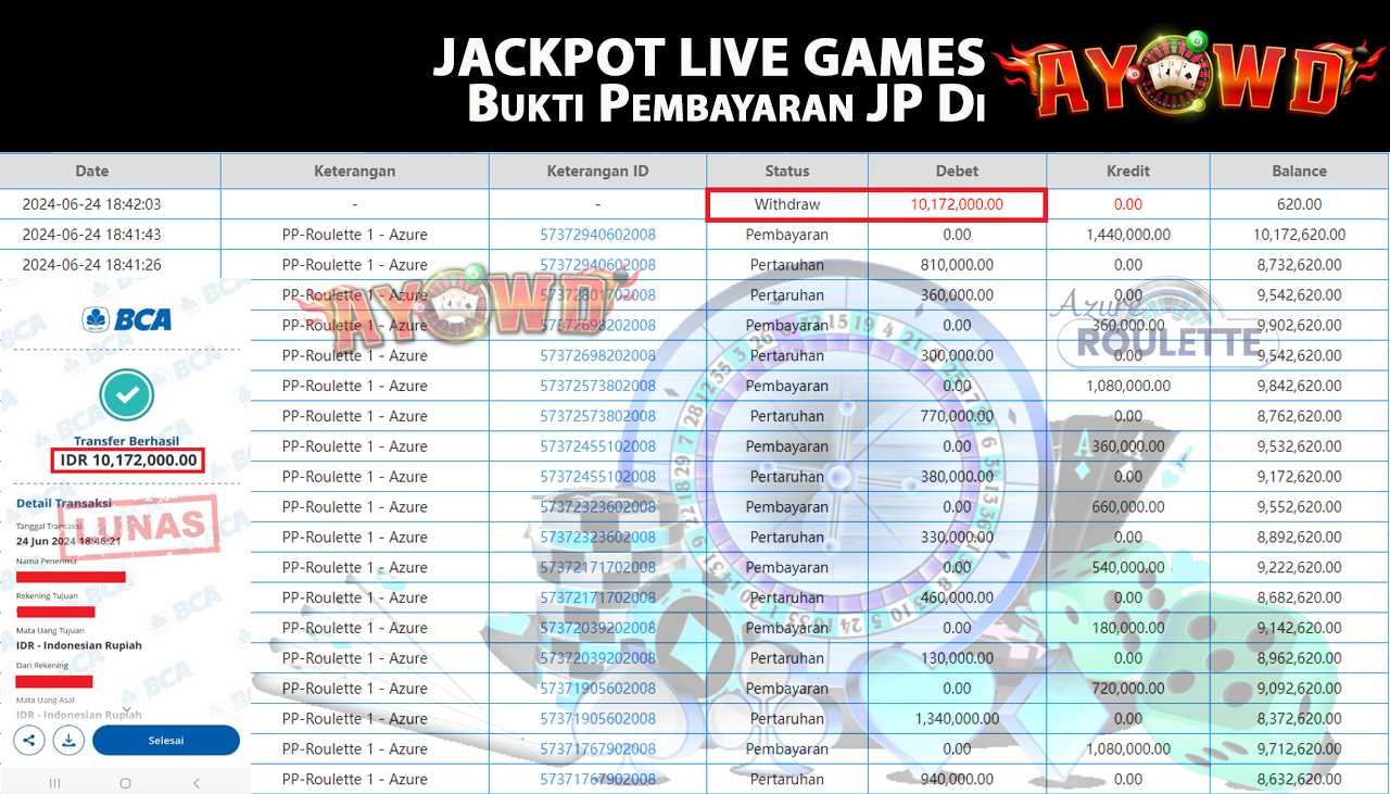 AYOWD JACKPOT LIVE GAMES PP-Roulette 1 - Azure Rp,10,172,000 LUNAS