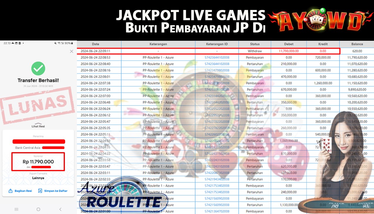 AYOWD JACKPOT LIVE GAMES PP-Roulette 1 - Azure Rp,11,790,000 LUNAS