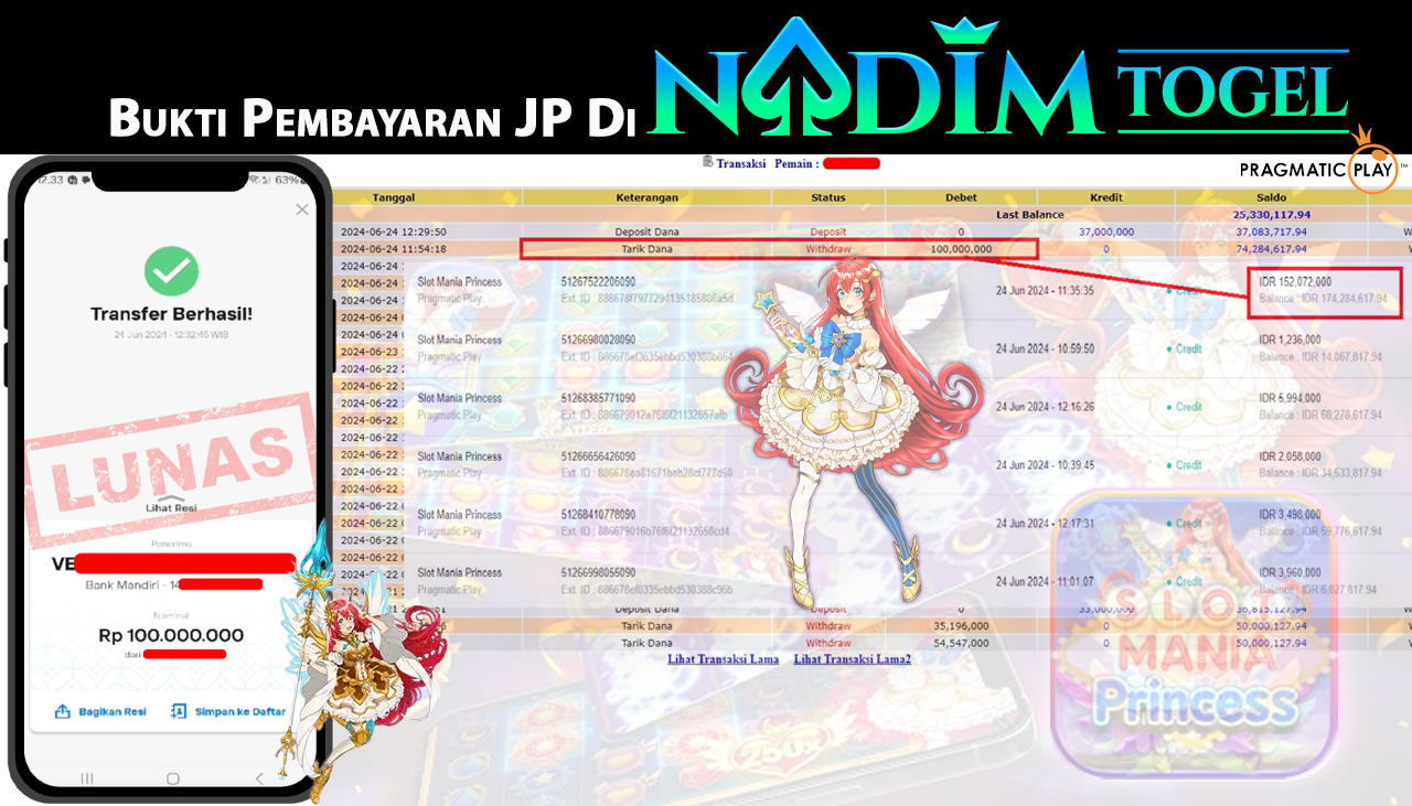 NADIMTOGEL JACKPOT SLOT MANIA PRINCESS Rp 100.000.000,- LUNAS