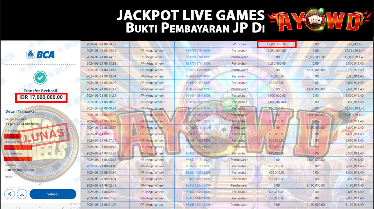 AYOWD JACKPOT LIVE GAMES PP-Mega Wheel Rp, 17,000,000 LUNAS