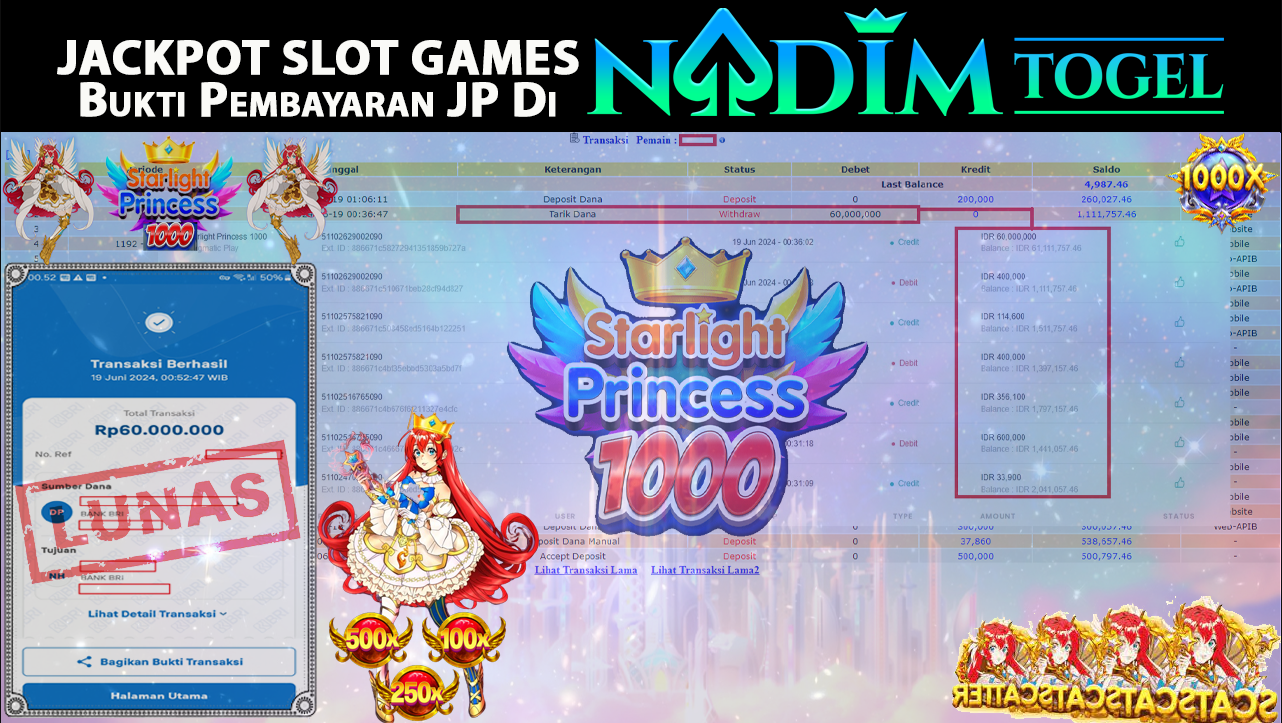 NADIMTOGEL JACKPOT SLOT STARLIGHT PRINCESS 1000 Rp 60,000,000,- LUNAS