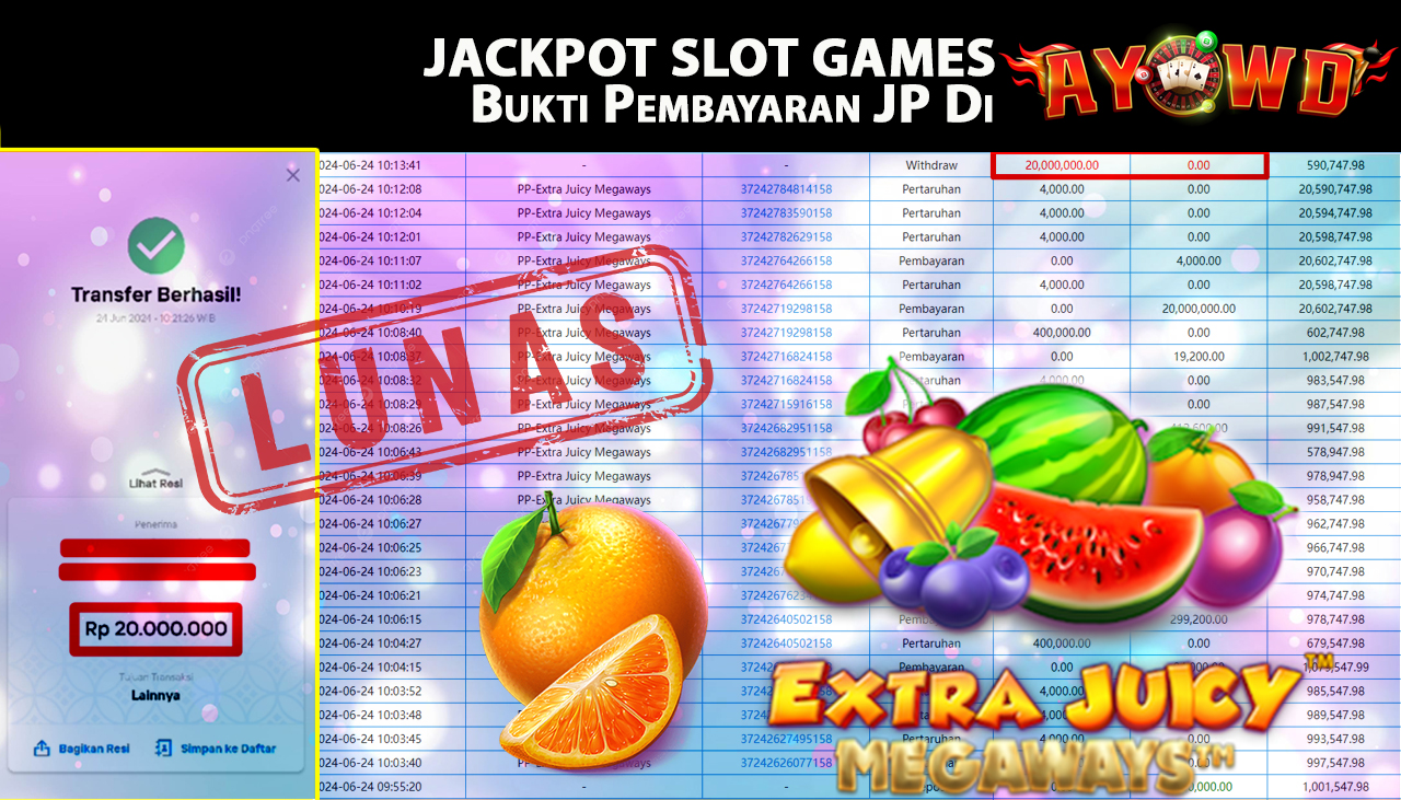 AYOWD JACKPOT SLOT GAME PP-Extra Juicy Megaways Rp,20,000,000. LUNAS