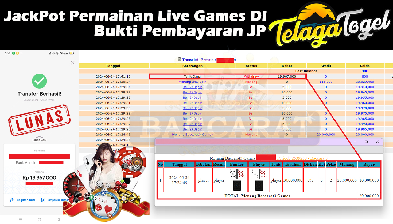 TELAGATOGEL JACKPOT LIVE GAME Baccarat 3 Games Rp,19,967,000- LUNAS