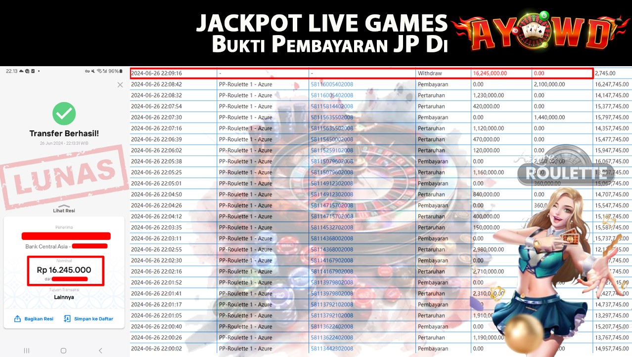 AYOWD JACKPOT LIVE GAMES PP-Roulette 1 - Azure Rp,16,245,000 LUNAS