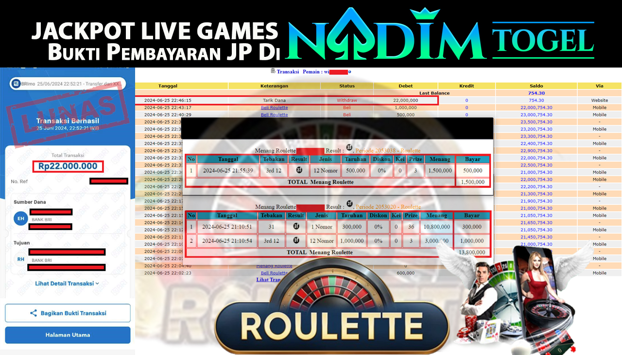 NADIMTOGEL JACKPOT LIVE GAMES Roulette Rp 22,000,000,- LUNAS