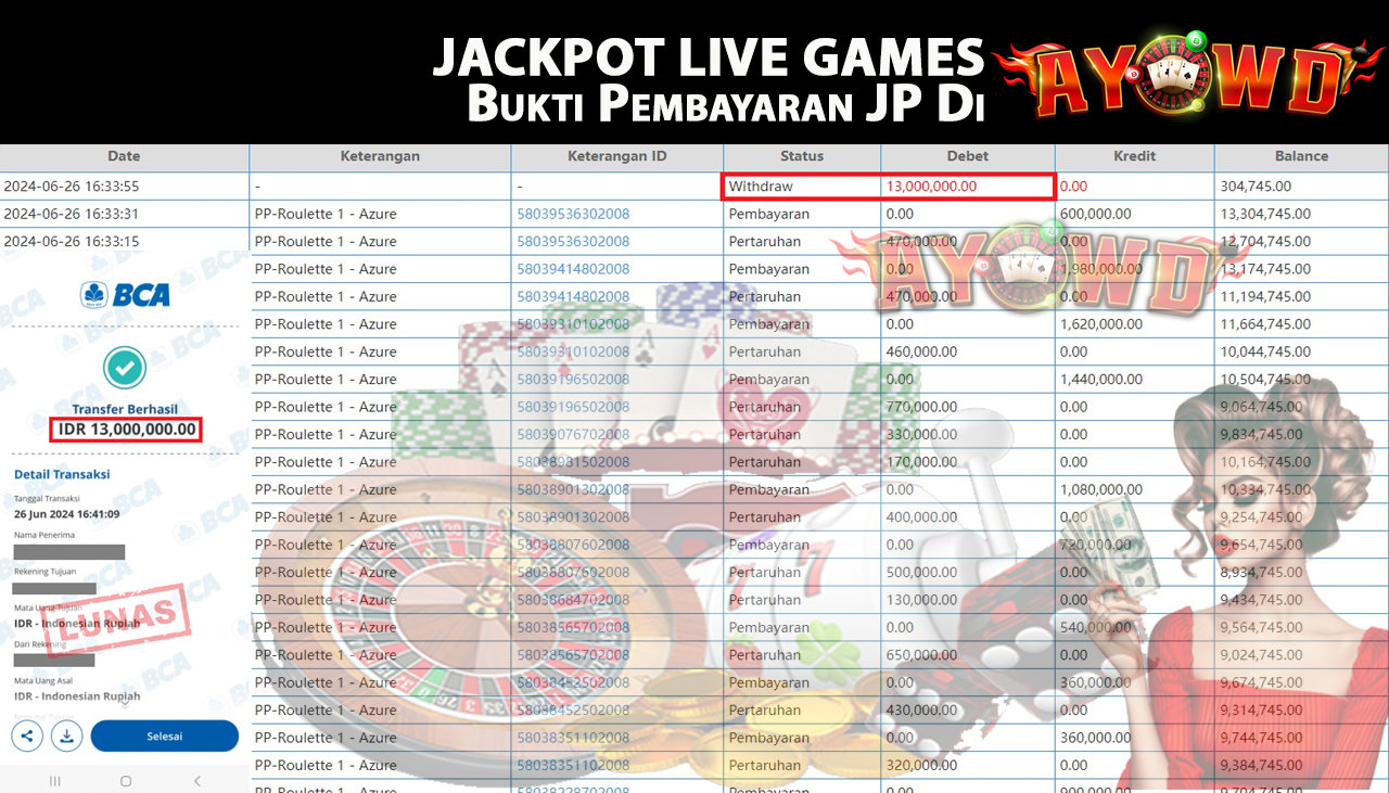 AYOWD JACKPOT LIVE GAMES PP-Roulette 1 - Azure Rp,13,000,000 LUNAS