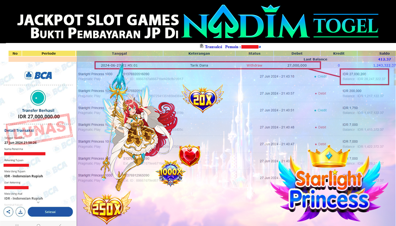 NADIMTOGEL JACKPOT SLOT Starlight Princess 1000 Rp 27.000.000,- LUNAS