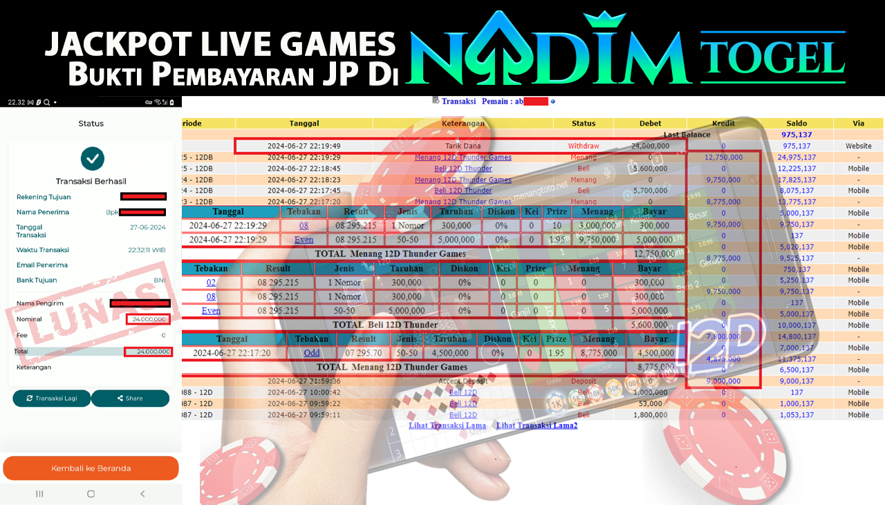 NADIMTOGEL JACKPOT LIVE GAMES 12D Thunder Rp 24,000,000,- LUNAS