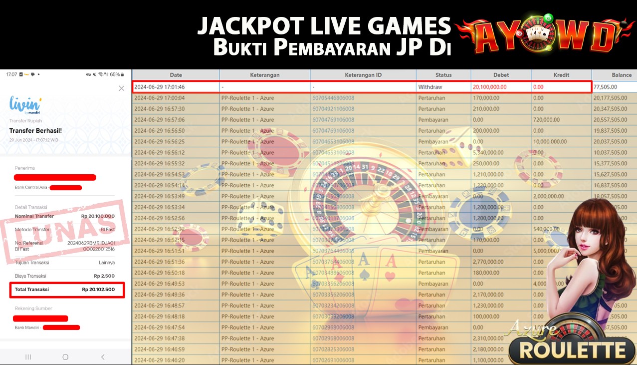 AYOWD JACKPOT LIVE GAMES PP-Roulette 1 - Azure Rp,20,100,000 LUNAS