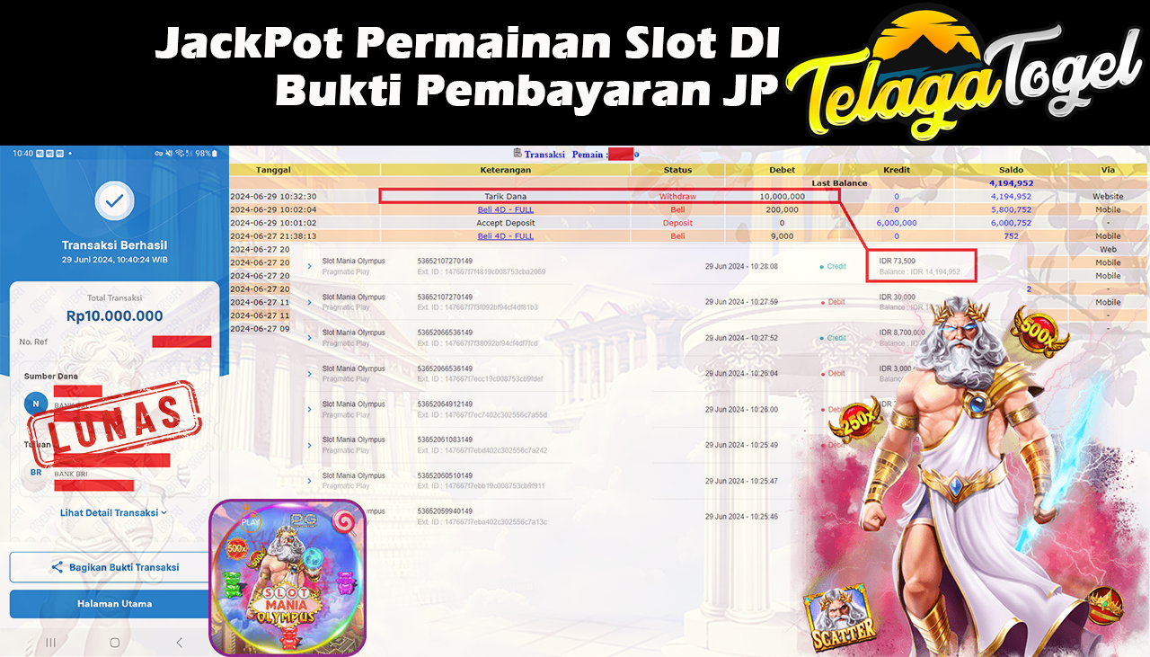 TELAGATOGEL JACKPOT SLOT GAME Slot Mania Olympus  Rp.10,000,000,- LUNAS