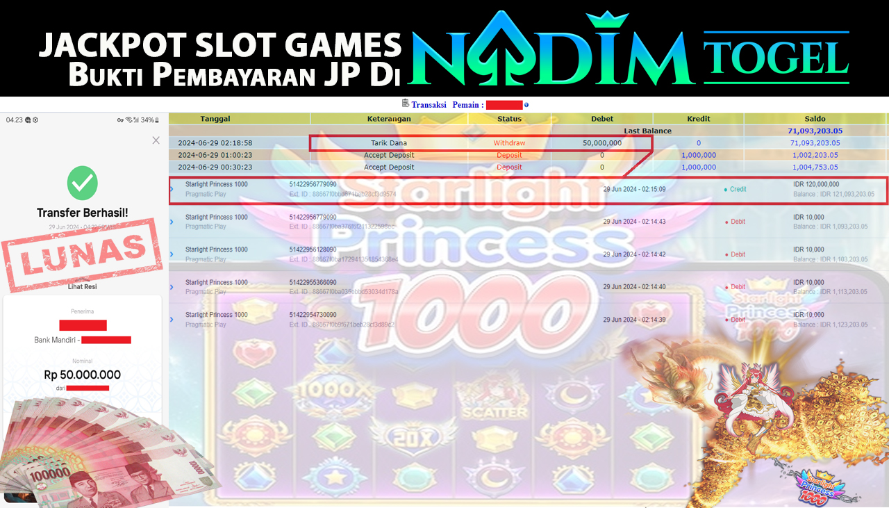NADIMTOGEL JACKPOT SLOT STARLIGHT PRINCESS 1000 Rp.50.000.000,- LUNAS
