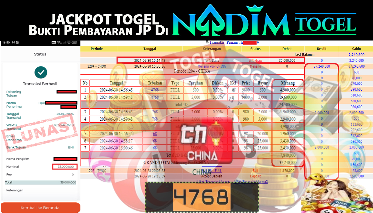 NADIMTOGEL JACKPOT TOGEL CHINA , Rp.35,000,000- LUNAS