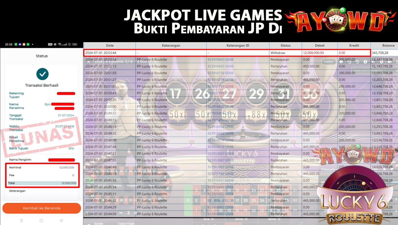 AYOWD JACKPOT LIVE GAMES Lucky 6 Roulette Rp,12,000,000 LUNAS