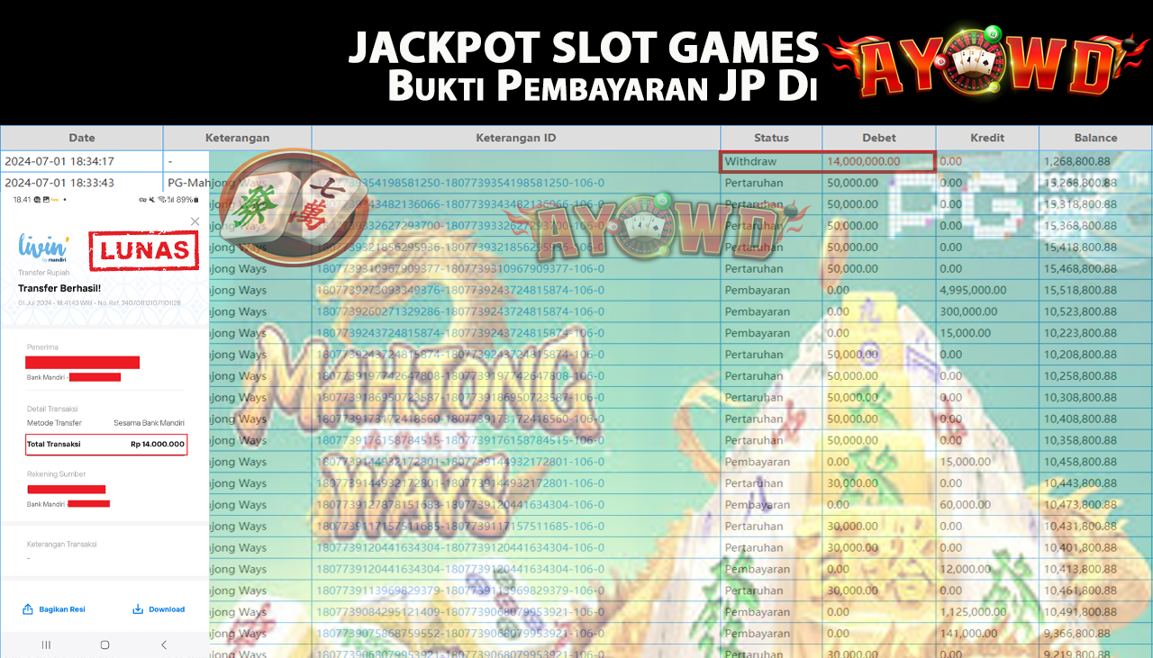 AYOWD JACKPOT SLOT GAME PG MAHJONG WAYS Rp,14,000,000 LUNAS