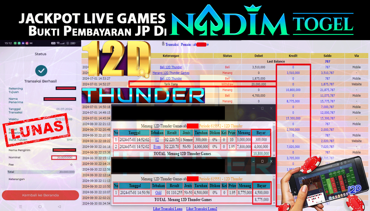 NADIMTOGEL JACKPOT LIVEGAME CASINO  12D THUNDER Rp.20.000.000,- LUNAS