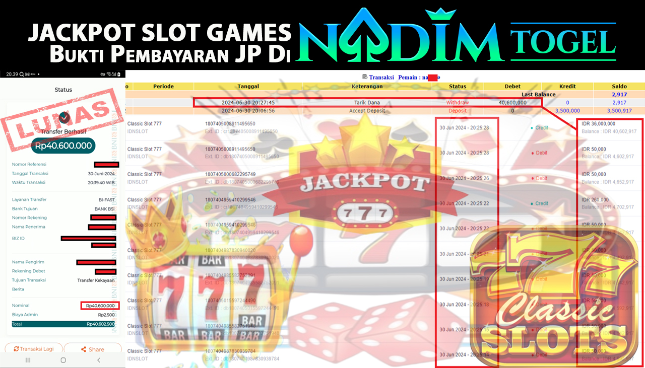NADIMTOGEL JACKPOT SLOT Classic slot777  Rp.40.600.000,- LUNAS