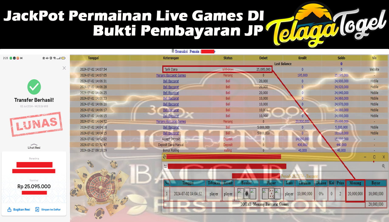 TELAGATOGEL JACKPOT LIVE GAME Baccarat 3 Rp,25,095,000 ,- LUNAS