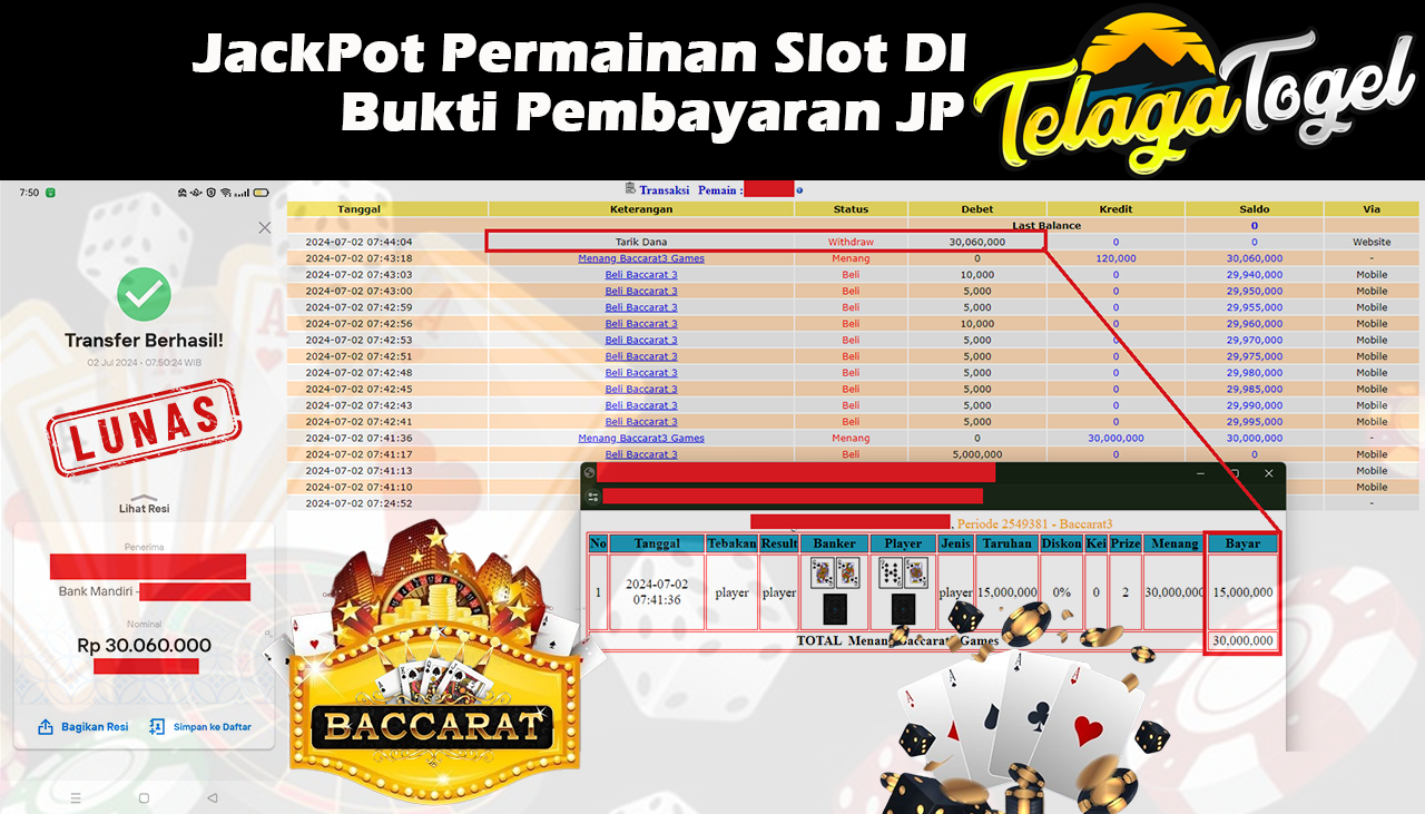 TELAGATOGEL JACKPOT LIVE GAME Baccarat 3 Rp,30,060,000,- LUNAS