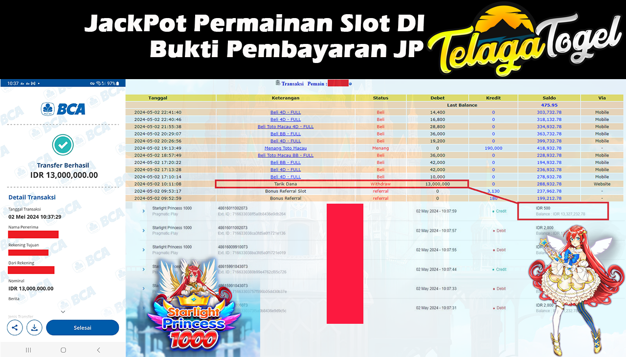 TELAGATOGEL JACKPOT SLOT GAME PP-Starlight Princess Rp.13.000.000,- LUNAS