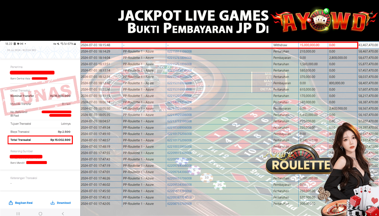 AYOWD JACKPOT LIVE GAMES PP-Roulette 1 - Azure Rp,15,000,000 LUNAS