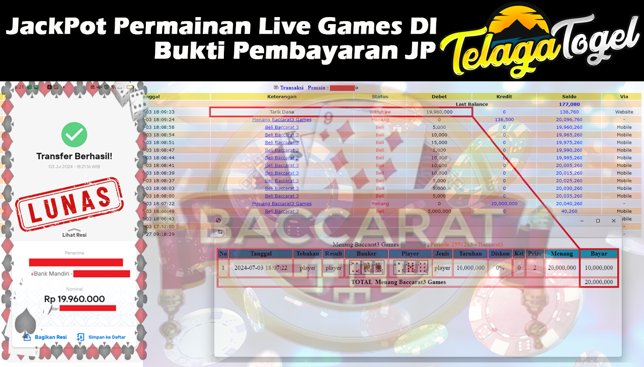 TELAGATOGEL JACKPOT LIVE GAME Baccarat Games Rp,19,960,000,- LUNAS