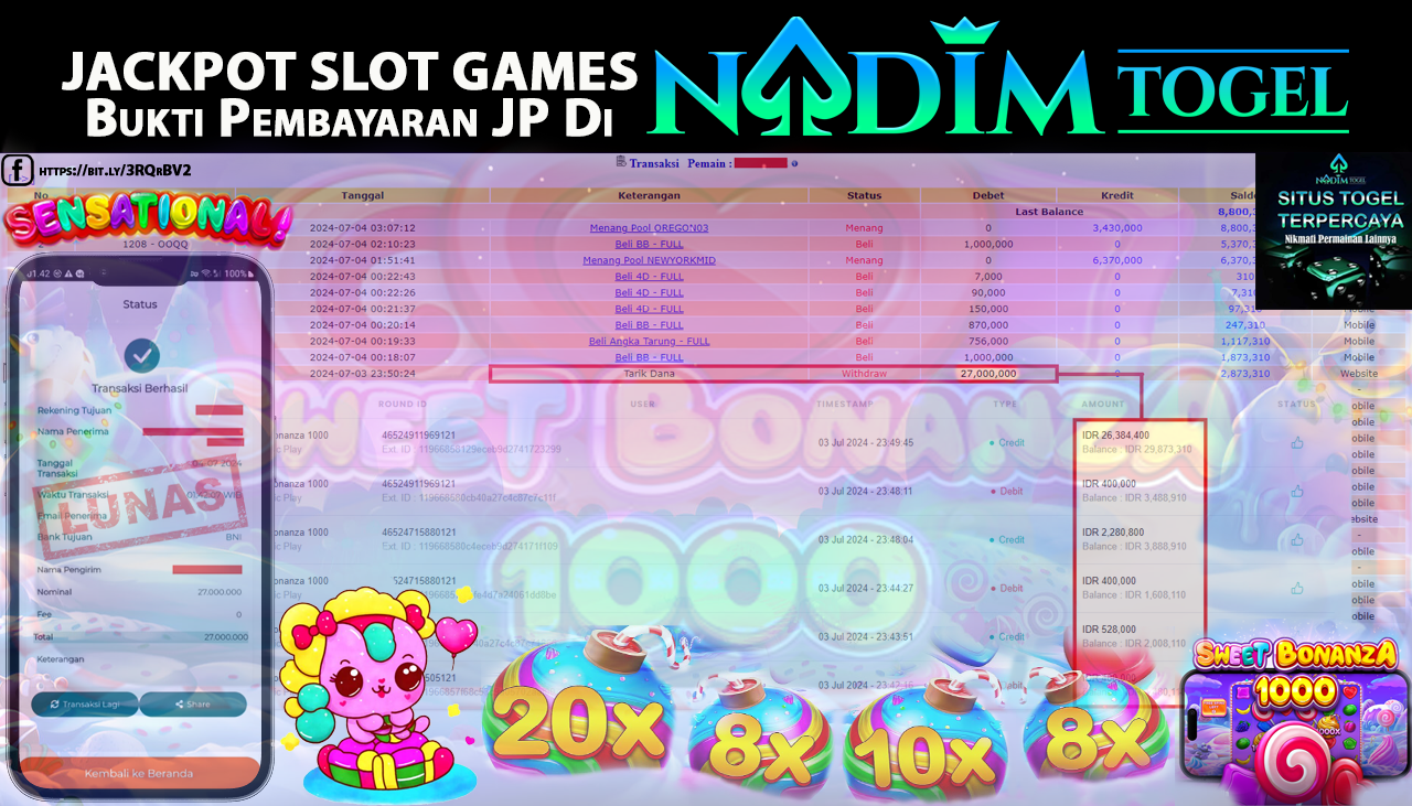 NADIMTOGEL JACKPOT SLOT SWEET BONANZA 1000 Rp 27,000,000,- LUNAS