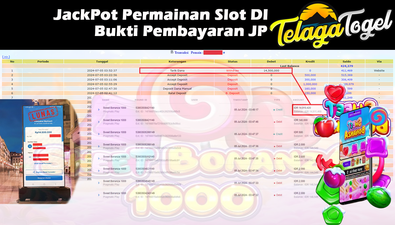 TELAGATOGEL JACKPOT SLOT GAME Sweet Bonanza 1000 Rp.14,500,000 ,- LUNAS