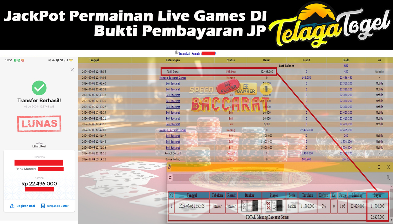 TELAGATOGEL JACKPOT LIVE GAME Baccarat Games Rp,22,496,000,- LUNAS