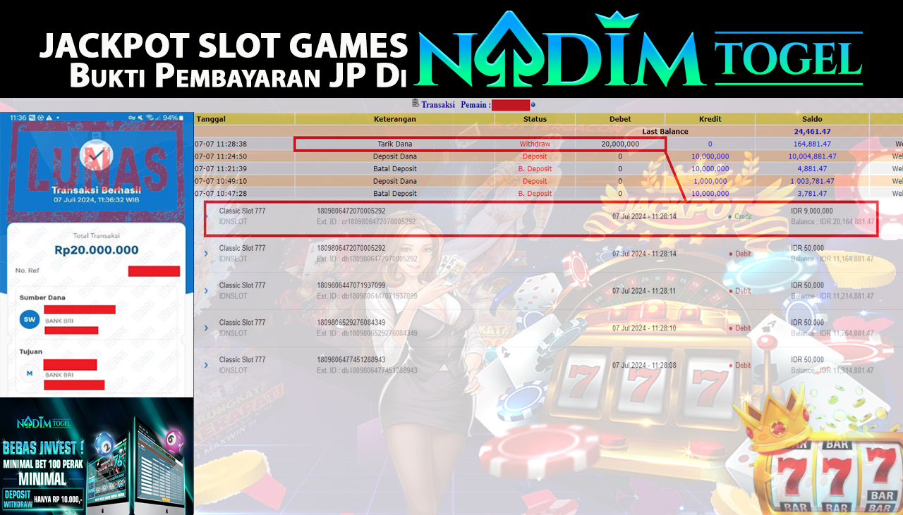 NADIMTOGEL JACKPOT Classic Slot 777 Rp.20.000.000,- LUNAS