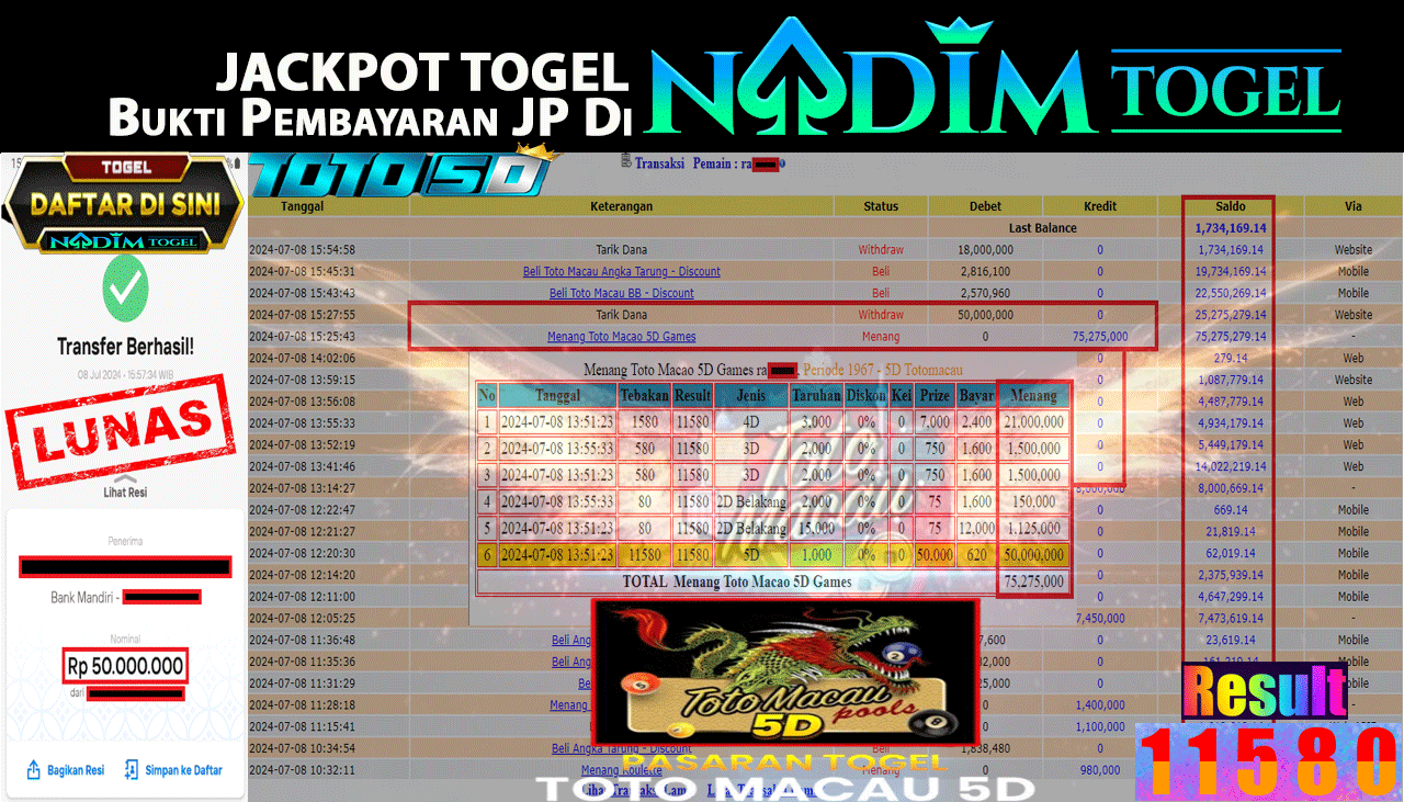 NADIMTOGEL JACKPOT TOGEL TOTOMACAU 5D, Rp.50,000,000- LUNAS