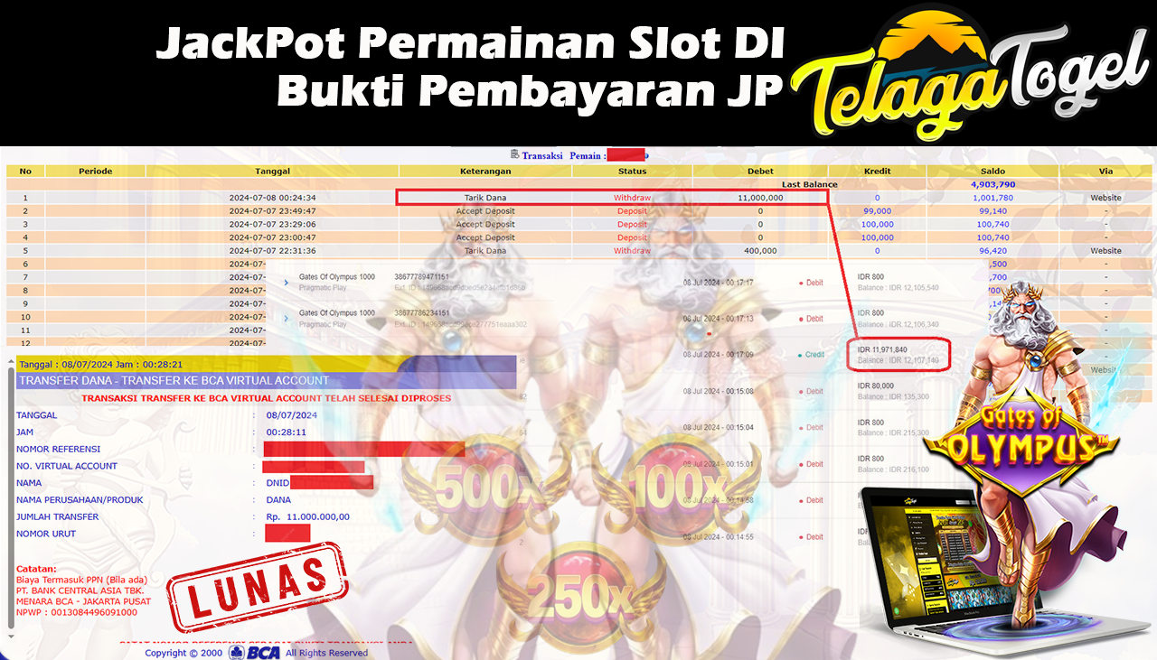 TELAGATOGEL JACKPOT SLOT GAME Gates Of Olympus 1000 Rp.11,000,000,- LUNAS