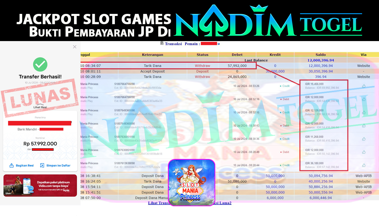 NADIMTOGEL JACKPOT SLOT MANIA PRINCESS Rp.57,992,000- LUNAS