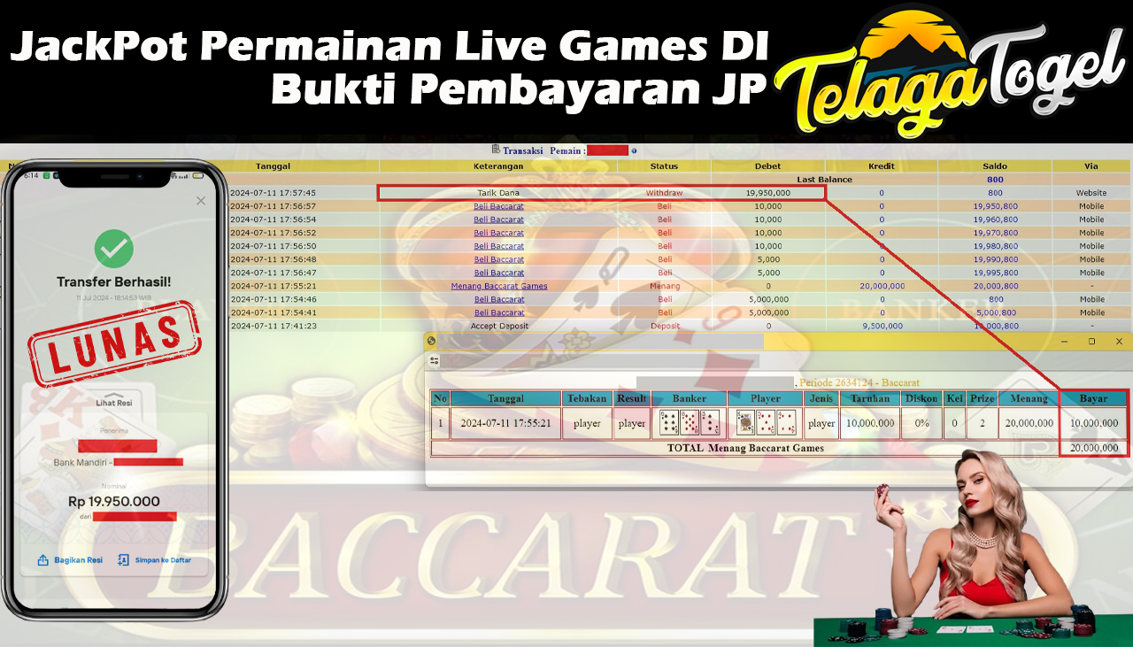 TELAGATOGEL JACKPOT LIVE GAME Baccarat Games Rp,19,950,000,- LUNAS
