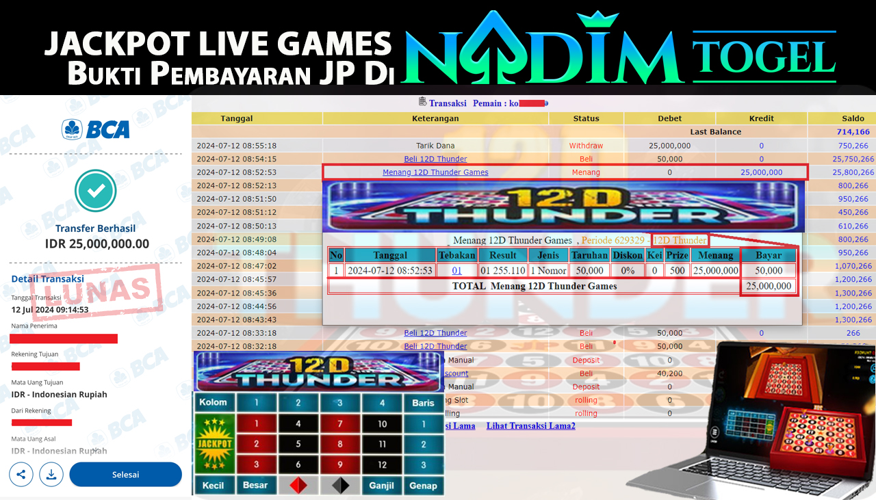 NADIMTOGEL JACKPOT LIVEGAMES 12D THUNDER Rp.25,000,000,- LUNAS