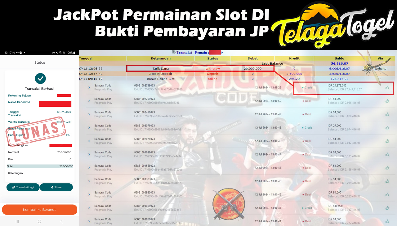 TELAGATOGEL JACKPOT SLOT GAME SAMURAI CODE Rp.20,000,000,- LUNAS