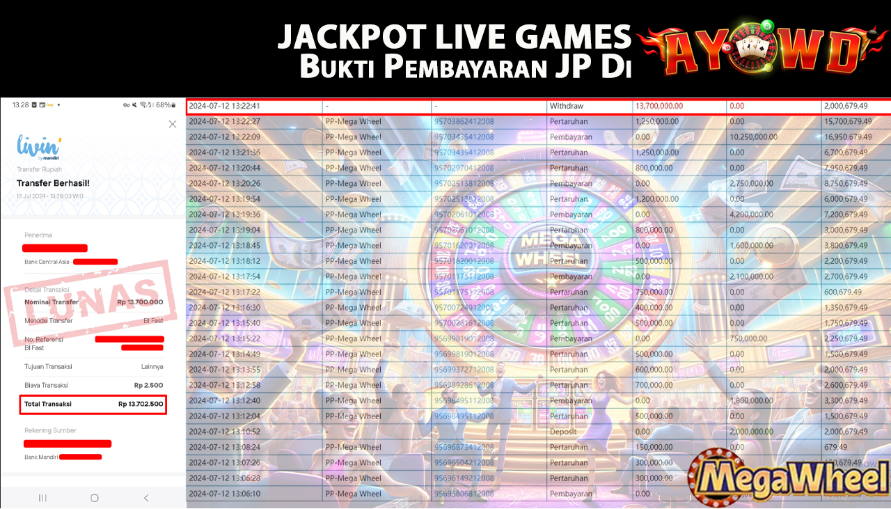 AYOWD JACKPOT LIVE GAMES PP-Mega Wheel Rp,13,700,000 LUNAS